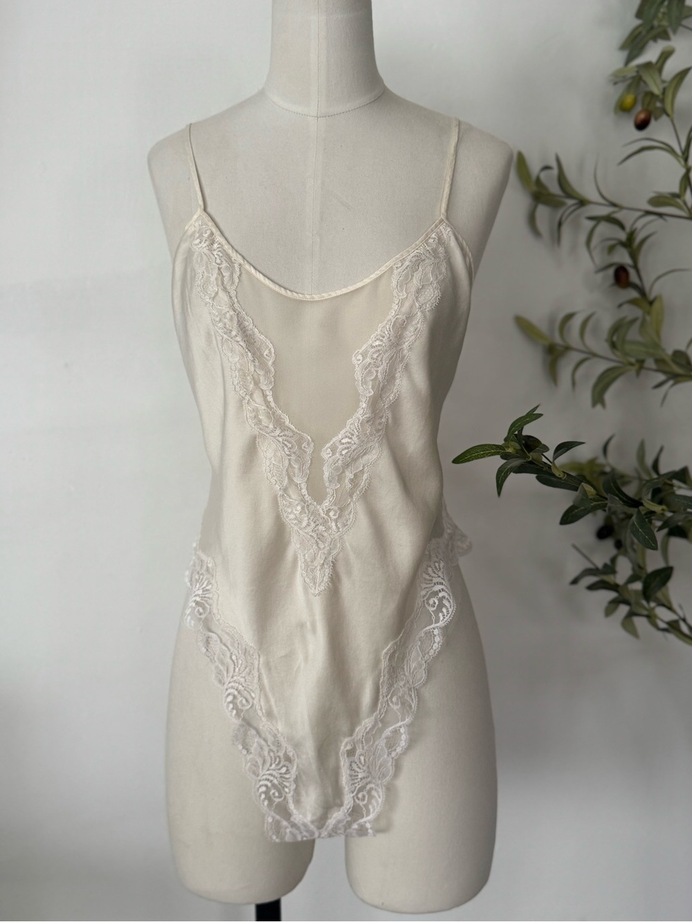 Lace-Trim Satin Slip Bodysuit in Cream NEW